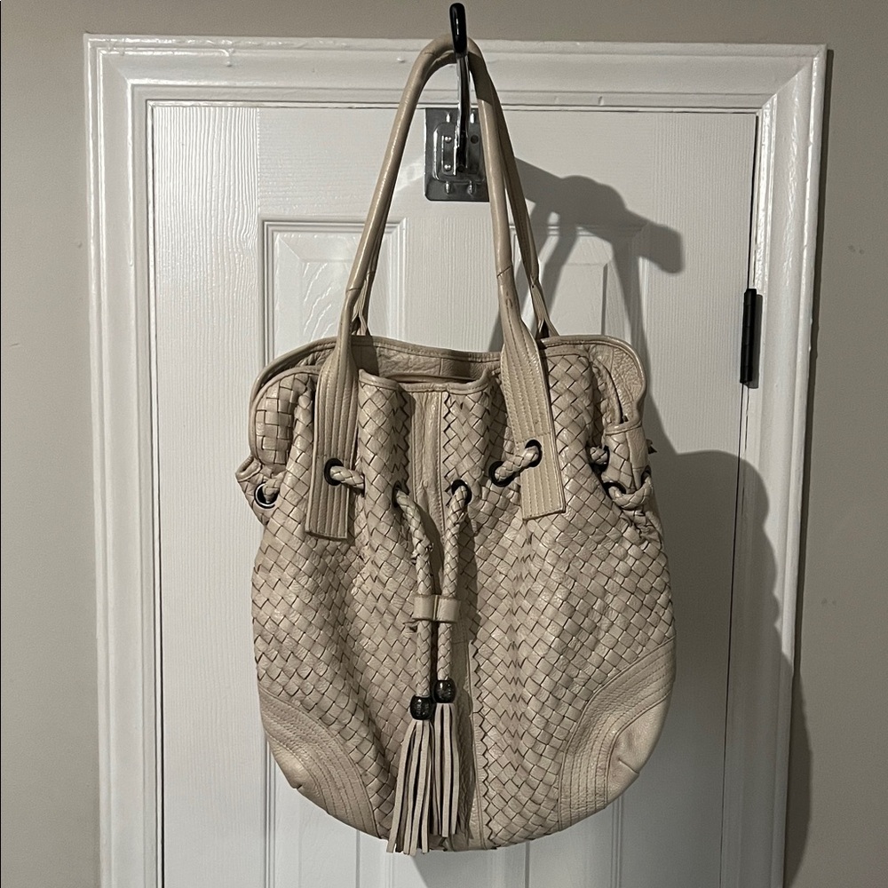 Authentic Cream Italian Leather Woven Tote Bag